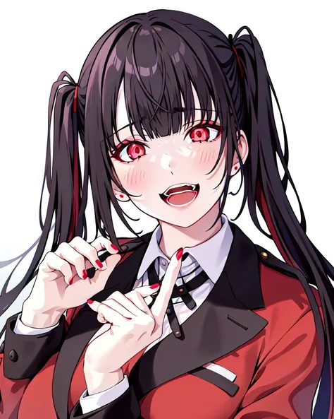 detailed,masterpiece,ultra-detailed,solo,(1girl),(Delicate eyes),(white background:1.3),nail_polish, red_nails, long_hair, jacket, fingernails, red_jacket, red_eyes, bangs, open_mouth, school_uniform,