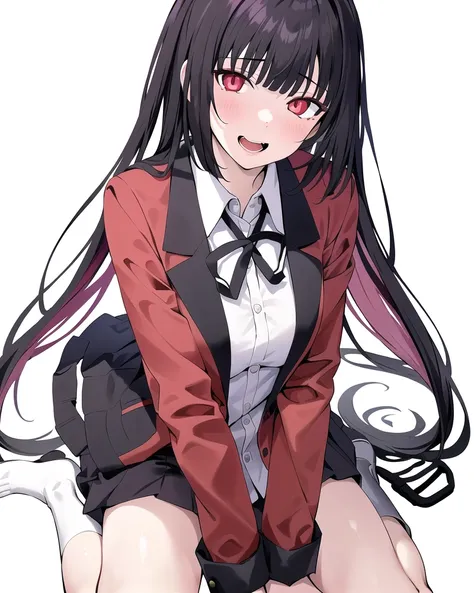 detailed,masterpiece,ultra-detailed,solo,(1girl),(Delicate eyes),(white background:1.3),very long_hair, jacket, red_jacket, red_eyes, bangs, open_mouth, school_uniform, straight hair,wariza,(hand between legs), blunt_bangs,