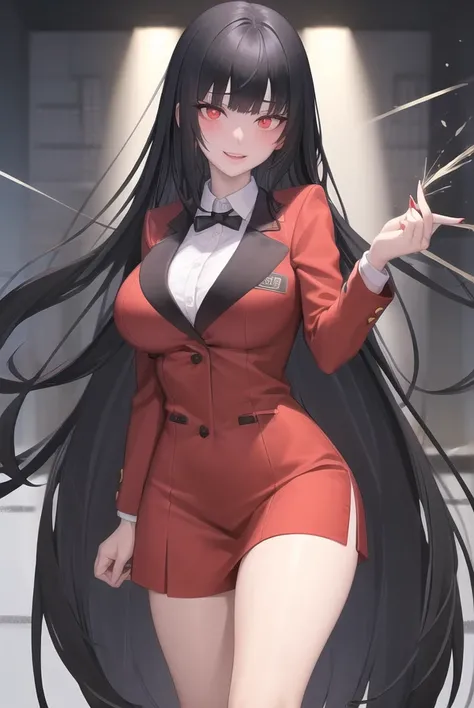 <lora:JabamiYumeko_jyV1:0.4>, very long hair, black hair, jacket, red_jacket, red_eyes, bangs, school_uniform, straight hair, blunt_bangs, inside casino, poker tables, poker cards, looking down at viewer, big breasts, full body, crazy eyes, insane, wide open eyes, glowing eyes, glossy lips, blush, satisfied facial expression, sexually aroused, obsessive facial expression, crazy facial expression, hands out of frame, adult, mature, milf,