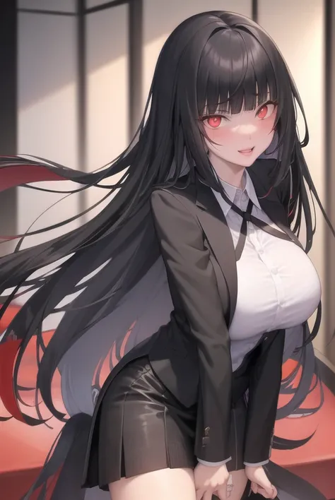 <lora:JabamiYumeko_jyV1:0.4>, very long hair, black hair, jacket, red_jacket, red_eyes, bangs, school_uniform, straight hair, blunt_bangs, inside casino, poker tables, poker cards, looking down at viewer, big breasts, full body, crazy eyes, insane, wide open eyes, glowing eyes, glossy lips, blush, satisfied facial expression, sexually aroused, obsessive facial expression, crazy facial expression, hands out of frame, adult, mature, milf,