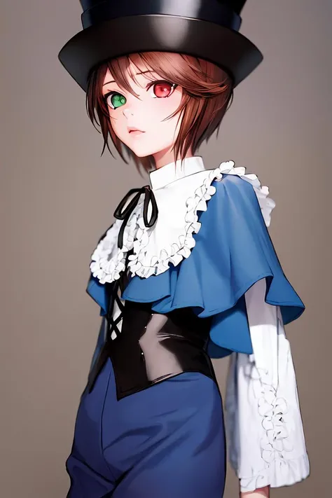 (masterpiece,best quality, detailed), <lora:SouSP:1>, souseiseki, heterochromia, red eyes, green eyes, 1girl, solo, short hair, brown hair, top hat, black headwear, frills, (blue capelet:1.2), corset, neck ribbon, long sleeves, blue pants, capri pants, white pantyhose, grey background, cowboy shot