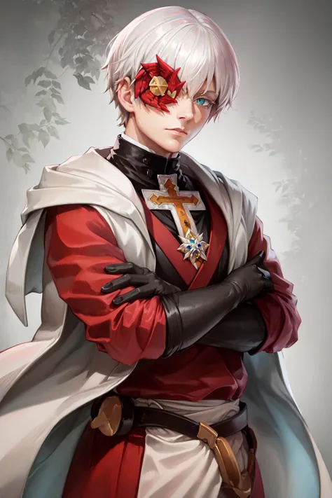 (masterpiece, best quality:1.2), <lyco:guiltygear_kreutz-10:0.8>, cowboy shot, solo, male focus, 1boy, asuka kreutz, expressionless, looking at viewer, crossed arms, blue eyes, flower over eye, robe, (gloves:1.1), cross