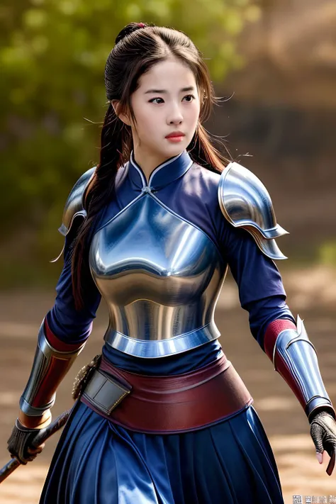 liuyifei ,<lora:liuyifei_dragon_mj7_4:0.4>long shot, complex Chinese_armor, solo,shoulder_armor,blue_sky,detailed_eyes,looking at viewer,masterpiece, best quality, perfect eyes, perfect face, perfect lighting, 8K,perfect anatomy, <lora:--Chinese_armor,Ming,Mountain Pattern Armorv1.0:0.75><lora:epi_noiseoffset2 (1):1> <lora:more_details (1):1>