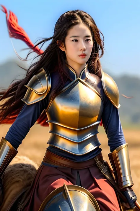 liuyifei ,<lora:liuyifei_dragon_mj7_4:0.4>long shot, messy hair, complex and expensive Chinese_armor, solo,shoulder_armor,blue_sky,detailed_eyes,looking at viewer,masterpiece, best quality, perfect eyes, perfect face, perfect lighting, 8K,perfect anatomy, <lora:--Chinese_armor,Ming,Mountain Pattern Armorv1.0:0.75><lora:epi_noiseoffset2 (1):1> <lora:more_details (1):1>