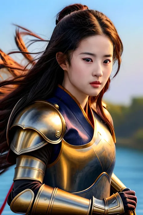 liuyifei ,<lora:liuyifei_dragon_mj7_4:0.4>long shot, messy hair, complex and expensive Chinese_armor, solo,shoulder_armor,blue_sky,detailed_eyes,looking at viewer,masterpiece, best quality, perfect eyes, perfect face, perfect lighting, 8K,perfect anatomy, <lora:--Chinese_armor,Ming,Mountain Pattern Armorv1.0:0.75><lora:epi_noiseoffset2 (1):1> <lora:more_details (1):1>