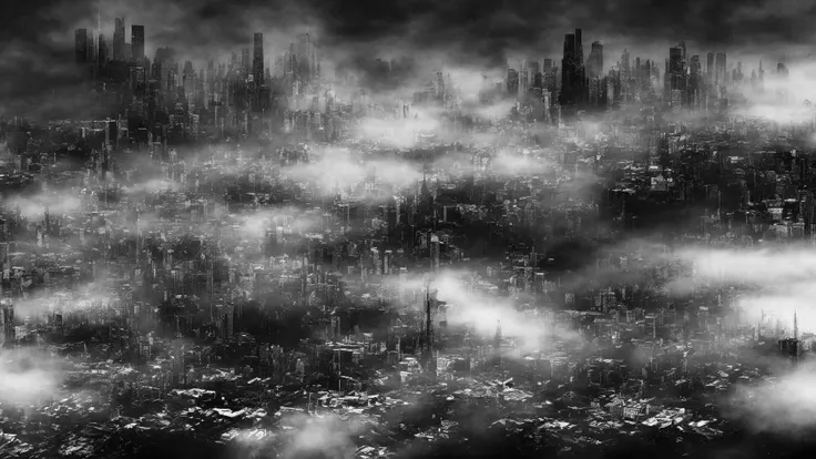 (vktr),impressive city,((mist)),fog,agitated sky,in the style of vktr,in the style of Vktrmzlk,inked style,heavy textures,distortion,