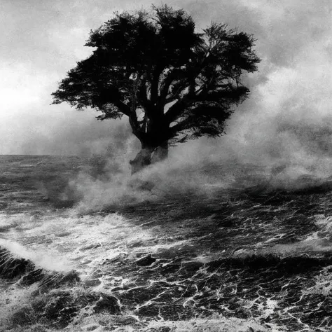 "Stormy Night" - On a beach where many weathered cross-shaped tombstones are buried,a man dressed in all black plays death metal music on an electric guitar. Many skeletons have washed up on the shore,and the fierce waves of the sea send spray into the air to the sound of the music the man is playing.,a man playing a guitar,ghost,a blurred contour like smoke,tombstone,violent wave,human bones that drifts,death metal music,skeleton,dancing man,cross,religious,the appearance of the demon,shouting man,screaming,hell guard,island of the dead,you can see the island,tree branches like a skeleton,island of the death,ichijo light from heaven,burning trees,flame guitar,rejection of death,hell's fire,long hair,long hair draining in the wind,symbol of death,graveyard,god who dies,victorian dynasty style,