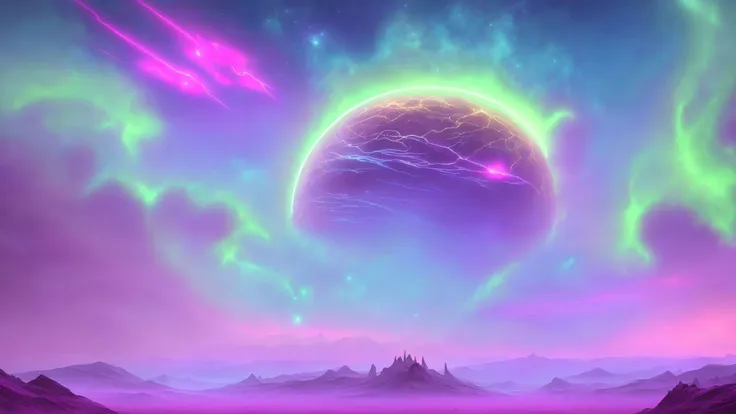 ethereal fantasy concept art of  ridiculous alien landscape, electric,cybernetic,deadly sky, neon green colored hues, scenic, magnificent, celestial, ethereal, painterly, epic, majestic, magical, fantasy art, cover art, dreamy