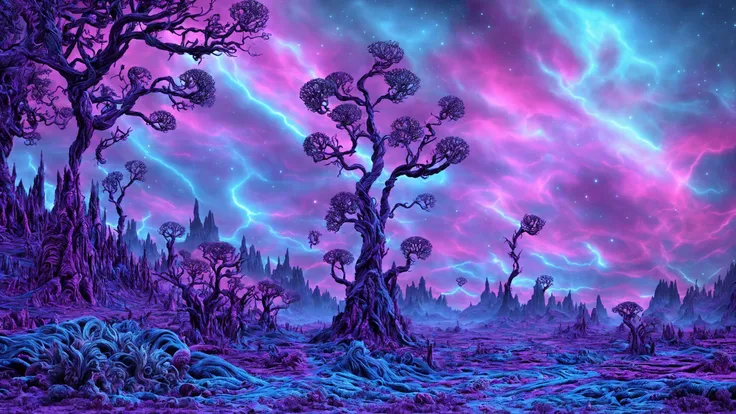 voodoo alien landscape, swirly,unholy,eclectic vegetation, neon blue colored hues, scenic, vktr