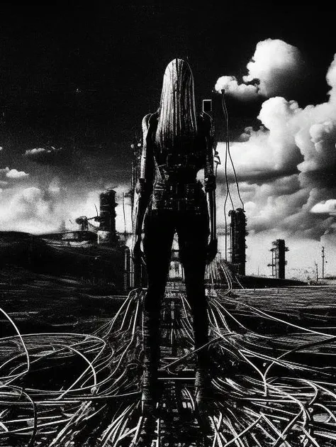 Vktrmzlk style, art of vktr, realistic, vast industrial scenery, woman half machine with cables, agitated sky