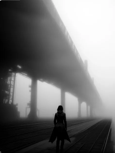 (vktr), woman exploring a vast industrial landscape, (((mist, fog)))