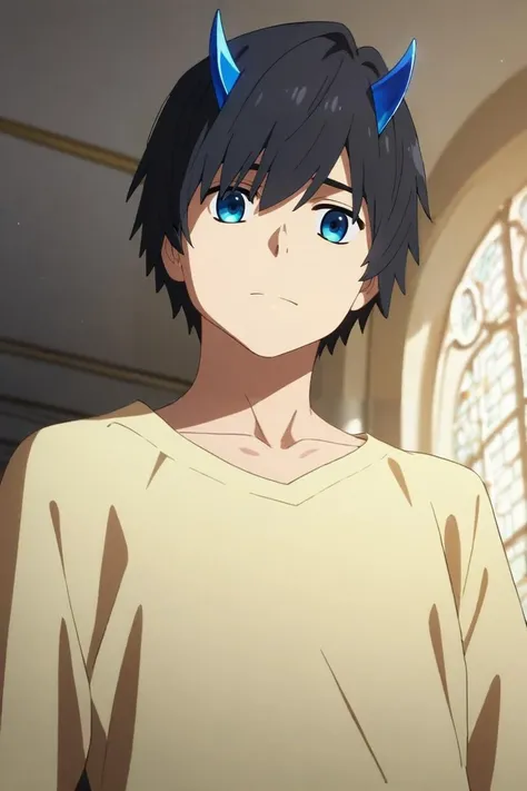 score_9, score_8_up, score_7_up, source_anime, rating_safe, , (realistic:0.6), looking at viewer, , 1boy, solo, male focus, <lora:hiro_franxx_pony:0.88>, hiro_franxx, black hair, blue eyes, bangs, blue horns, oni horns, from below, palace, dawn, leaning back, nervous, , <lora:sdxl_lightning_8step_lora:1>