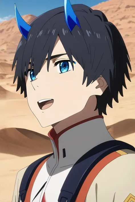 score_9, score_8_up, score_7_up, source_anime, rating_safe, , semi-realistic, , , 1boy, solo, male focus, <lora:hiro_franxx_pony:1>, hiro_franxx, black hair, blue eyes, bangs, blue horns, oni horns, rule of thirds, sahara desert, dark, singing, happy, , <lora:sdxl_lightning_8step_lora:1>