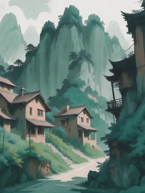 anime style duotone mediumseagreen and dark tan digital painting, ghostly,hillside fantasy town outside of reality<lora:envystar...