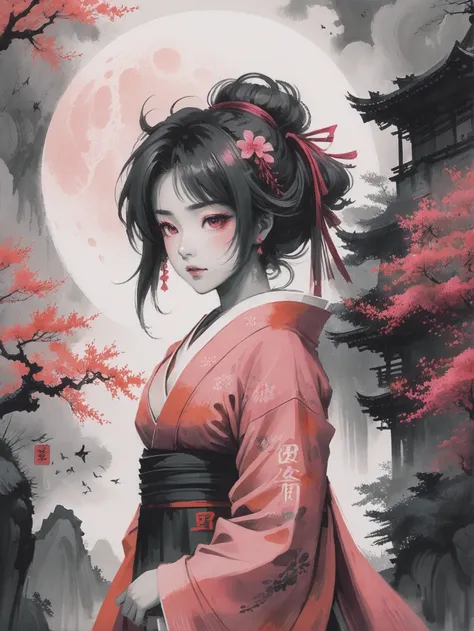 sumi-e anime style duotone magenta and coral digital painting, lunar maria, japanese writing "y0"<lora:envystarlightjapaneseink...