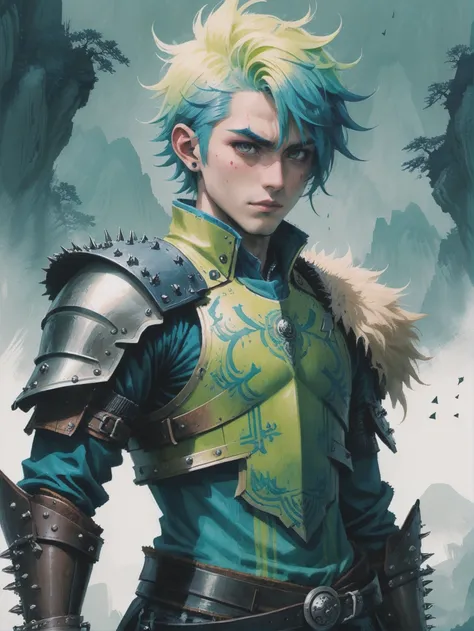 fusion style duotone chartreuse and mediumblue ink painting, (full body:1.2), 1boy, man, bishounen, solo, [:outlandish costume design,:0.2] rogue, (spiked leather shield,gauntlets,bracers,chestplate,greaves:1.4), caucasian, neon mistyrose hair, (slim:1.2) build, Djinn Desert, japanese writing "Y0"<lora:EnvyStarlightJapaneseInk01:1>