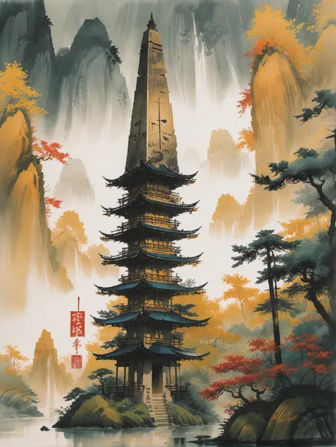 sumi-e anime style colored ink ink painting, golden hour, architecture, "at the High-contrast exotech Obelisk", japanese writing "Y0"<lora:EnvyStarlightJapaneseInk01:1>