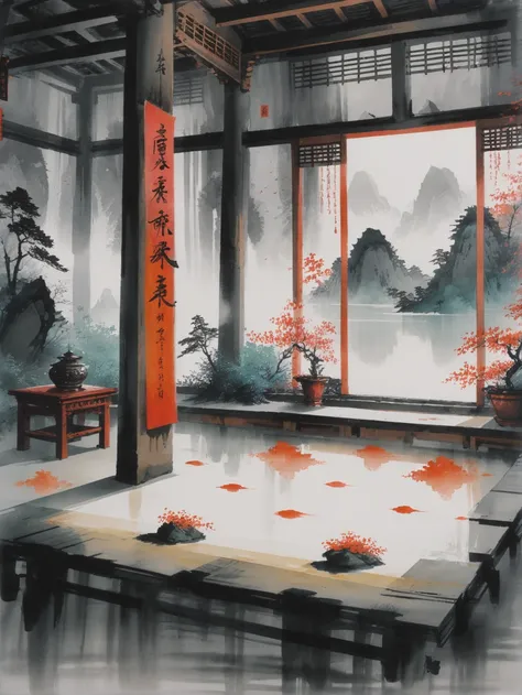 sumi-e full color ink painting, crystal scrying room \(room\) <lora:envystarlightjapaneseink01:1>