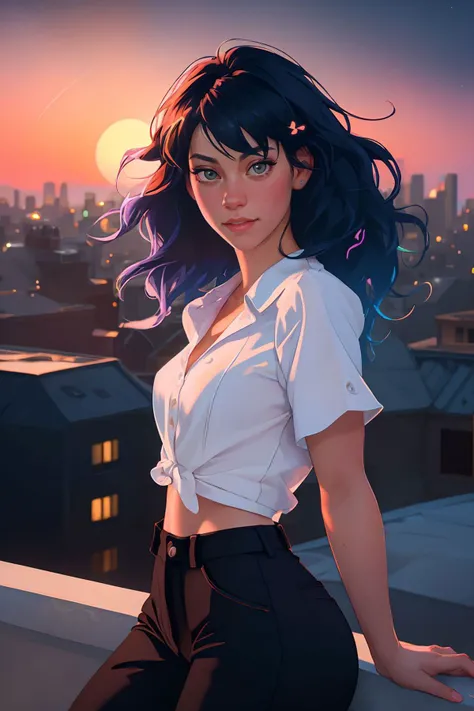 DEN_sabrina_alexis,
(cityscape:1.2) scene posing on the (rooftops:1.2) at (sunset:1.2) wearing clothes, wearing trousers and a top, (plain top:1.2), (top:1.2), (trousers:1.2), (cityscape:1.2), (night time sunset sky:1.3), (dark:1.1), (evening:1.2), vibrant sky colours,
bokeh, f1.4, 40mm, photorealistic, raw, 8k, textured skin, skin pores, intricate details <lora:epi_noiseoffset2:1>, epiCRealism, <lora:ClothingAdjuster3:-0.8>