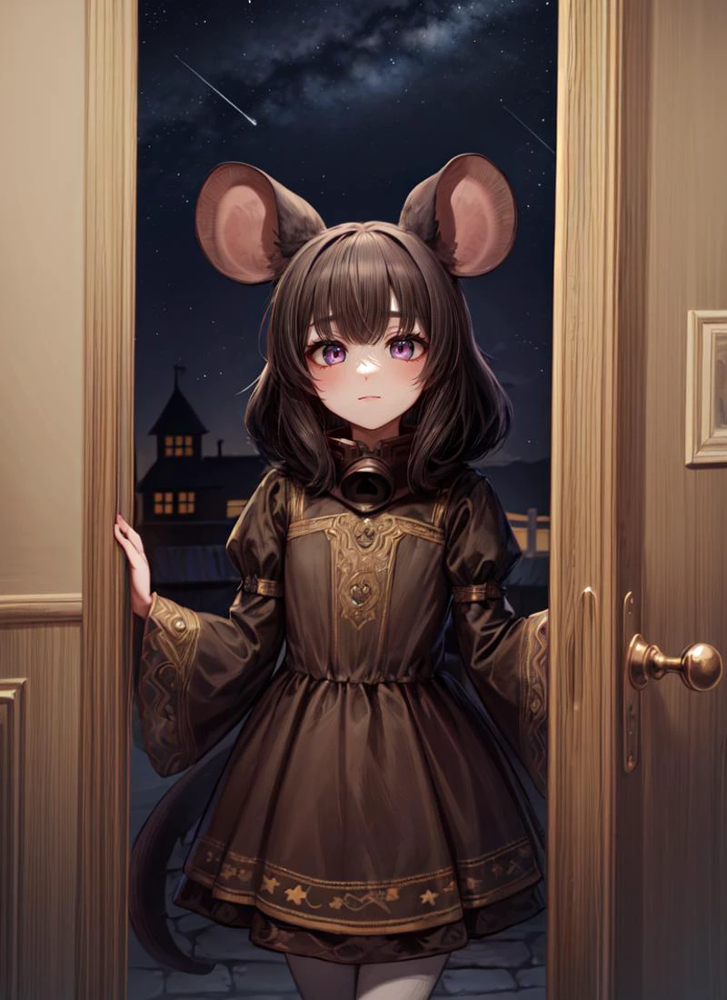 ((best quality)), ((highly detailed)), masterpiece, absurdres, (detailed eyes, deep eyes), <lora:more_details:.3>, (1girl), upper body, <lora:hairdetailer:.7>, <lora:aiomonstergirls_loraLocon:.8>, (mouse girl), mouse ears, mouse tail, (in a wild west town, night, night sky, stars, moonlight, telescope), <lora:pose open door:1>, open door, doorway