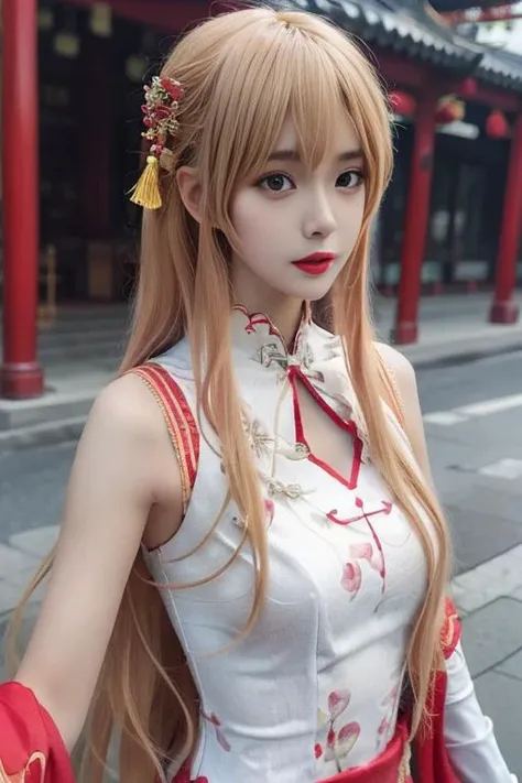 ltra-detailed,highly detailed,best quality,masterpiece,illustration,realistic,photorealistic,
yuuki asuna,
1girl, solo,
qipao, china dress, chinese clothes, sleeveless, bare shoulders, sash,
long hair, blonde hair, very long hair, bangs, hair ribbon, hair ornament,
upper body, looking at viewer,
outdoors,
<lora:yuuki asuna-qipao_v1_07:0.8>