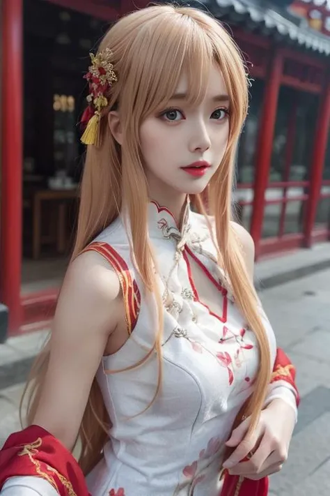ltra-detailed,highly detailed,best quality,masterpiece,illustration,realistic,photorealistic,
yuuki asuna,
1girl, solo,
qipao, china dress, chinese clothes, sleeveless, bare shoulders, sash,
long hair, blonde hair, very long hair, bangs, hair ribbon, hair ornament,
upper body, looking at viewer,
outdoors,
<lora:yuuki asuna-qipao_v1_07:0.7>