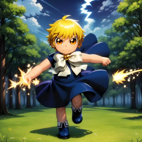 ((masterpiece, best quality)),solo,child, 1boy, full body, orange eyes, blonde hair, short hair, zatch, <lora:ZatchBell1:0.8>,black cloack, white bow, big eyes, blue footwear, walking, forest, lightning,