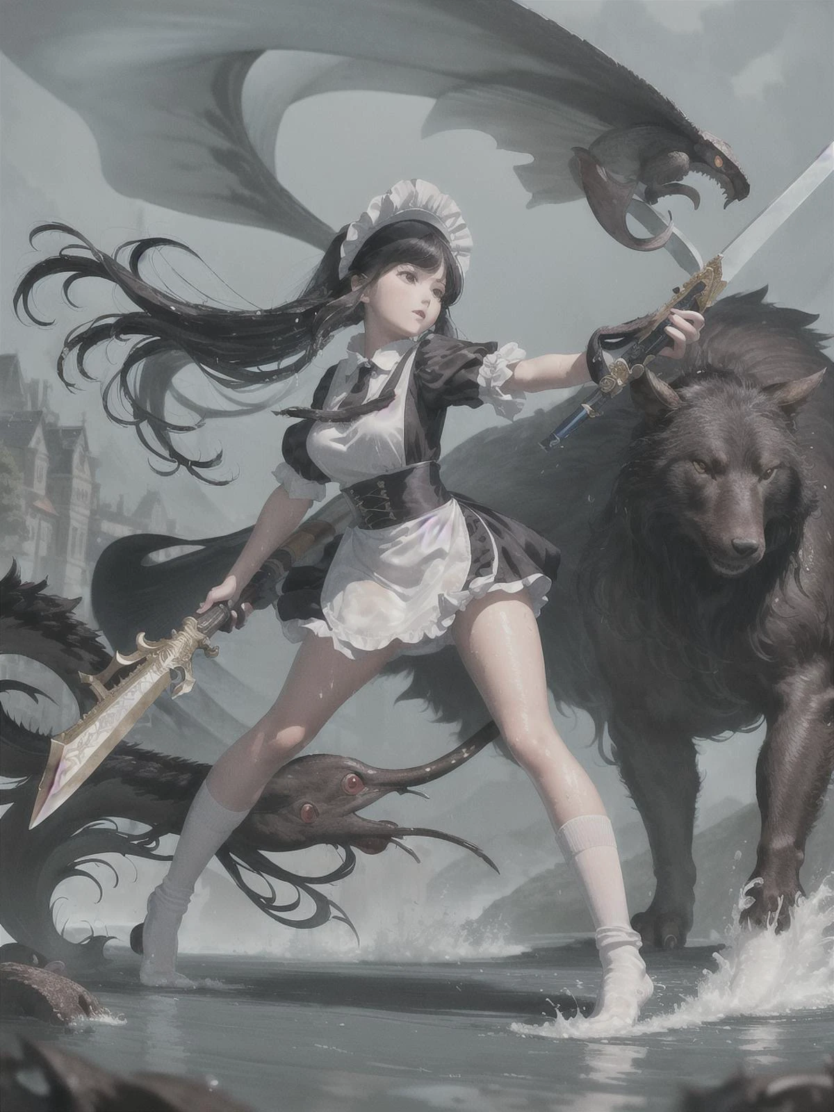 masterpiece, best quality, ultra-detailed, illustration, 1girl, high definition, ((housemaid, white socks, very long black hair, wet)), bonnet, dynamic view, blue,( <lora:attackingConcept:0.5>, detailed character holding weapon, attack action, using weapon), (((monster, animals, landscape)))