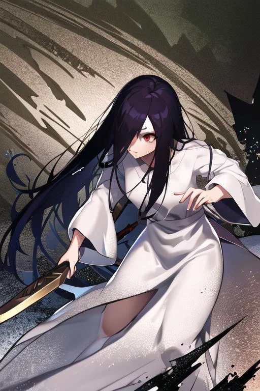 ((masterpiece)),(best quality), absurdres,sadako_yamamura,red eyes, white dress,<lora:Sadakobest:0.8>, <lora:attackingConcept_18:0.6>,detailed solo character holding weapon, detailed face, attack action, using weapon, intricate design, sharp focus, fantasy clothing,