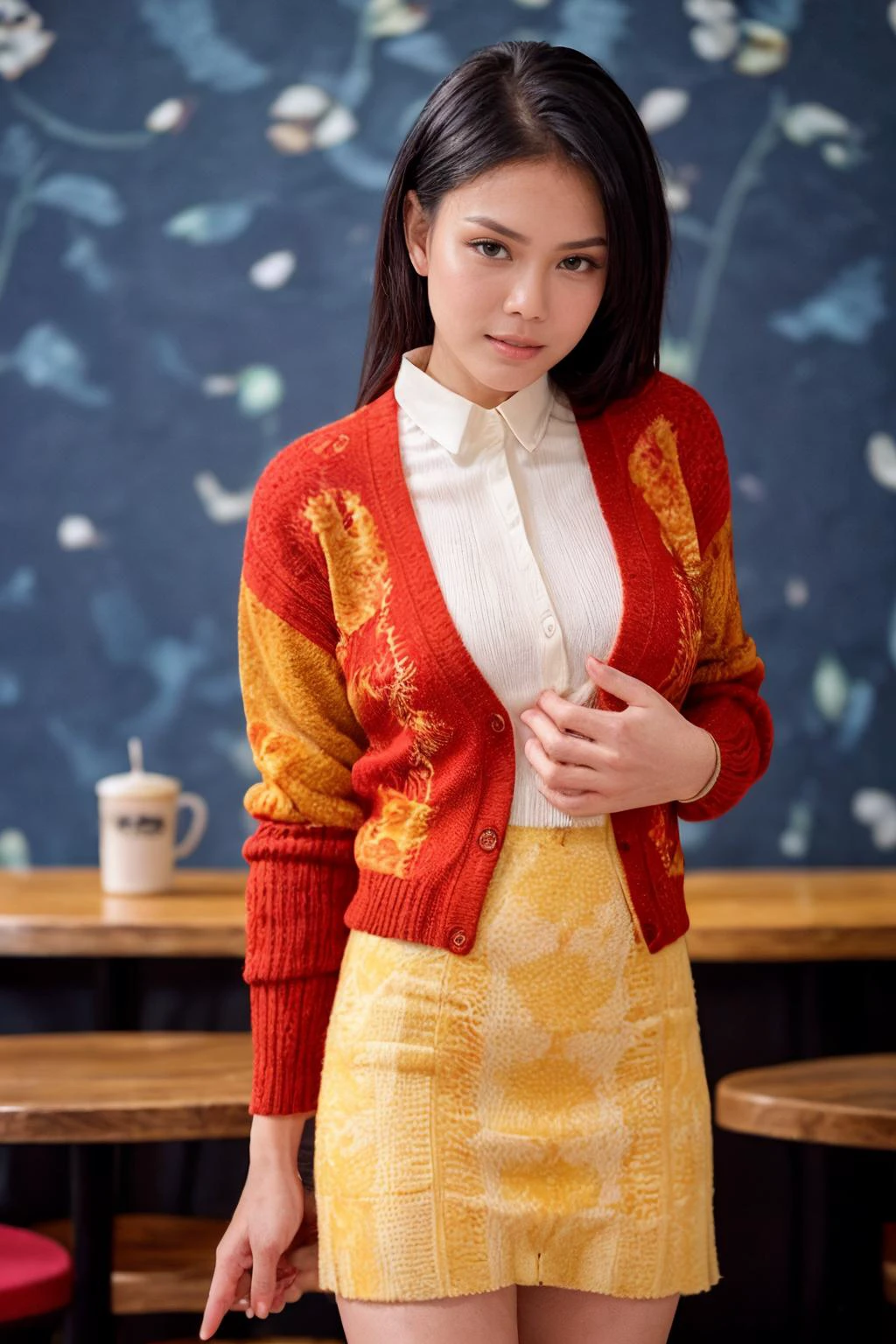 solo, realistic, ((indonesian woman)), wearing (Knit_cardigan:1.4),(Printed_midi_skirt:1.3),(Slip-on_sneakers:1.2),(Cozy_café_background:1.4), ((dynamic pose)), <lora:PAseer-SD15-LCM Quick:1> <lora:real_skin:.2> skin, nitagunawan, <lora:IDC_-_Nita_GunawanV2:.8>
