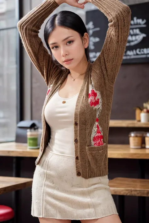 solo, realistic, ((indonesian woman)), wearing (Knit_cardigan:1.4),(Printed_midi_skirt:1.3),(Slip-on_sneakers:1.2),(Cozy_café_background:1.4), ((dynamic pose)), <lora:PAseer-SD15-LCM Quick:1> <lora:real_skin:.2> skin, nitagunawan, <lora:IDC_-_Nita_GunawanV2:.8>