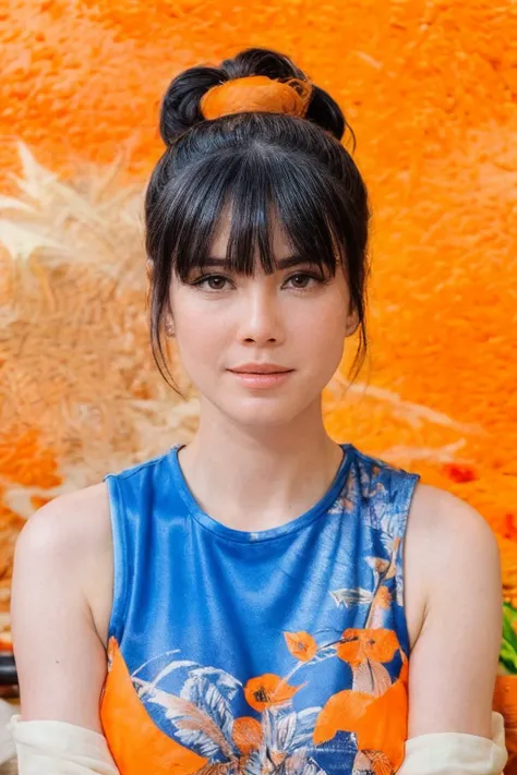 cinematic film still Food Photography, solo, realistic, ((indonesian woman)), ((Neutral, A relaxed facial expression with a slightly open mouth.)), ((1girl)), (((black hair, Top Knot Curls with Bangs))), (((Flowy printed dress and sneakers))), (((flash photography))), (((simple orange wall background:1.5))), ((dynamic pose)), <lora:PAseer-SD15-LCM Quick:1> <lora:ReaLora:.2> <lora:epi_noiseoffset2:.8> <lora:ZStyle_-_Photography_Style:.3> zstyle, <lora:add_sharpness:0.8> <lora:add_detail:0.6> <lora:IDC_-_Nita_Gunawan:1> nitagunawan, RAW candid cinema, 16mm, color graded portra 400 film, remarkable color, ultra realistic, textured skin, remarkable detailed pupils, realistic dull skin noise, visible skin detail, skin fuzz, dry skin, shot with cinematic camera, detailed skin texture, (blush:0.5), (goosebumps:0.5), subsurface scattering . shallow depth of field, vignette, highly detailed, high budget, bokeh, cinemascope, moody, epic, gorgeous, film grain, grainy