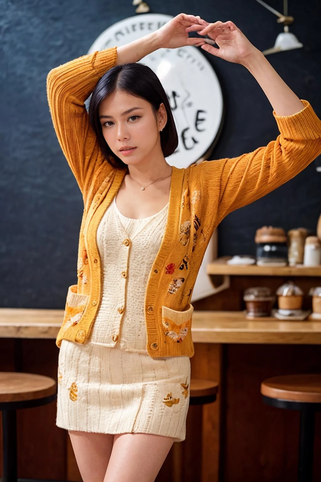 solo, realistic, ((indonesian woman)), wearing (Knit_cardigan:1.4),(Printed_midi_skirt:1.3),(Slip-on_sneakers:1.2),(Cozy_café_background:1.4), ((dynamic pose)), <lora:PAseer-SD15-LCM Quick:1> <lora:real_skin:.2> skin, nitagunawan, <lora:IDC_-_Nita_GunawanV2:.8>