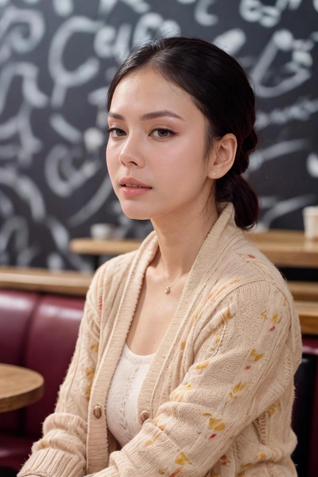 solo, realistic, ((indonesian woman)), wearing (Knit_cardigan:1.4),(Printed_midi_skirt:1.3),(Slip-on_sneakers:1.2),(Cozy_café_background:1.4), ((dynamic pose)), <lora:PAseer-SD15-LCM Quick:1> <lora:real_skin:.2> skin, nitagunawan, <lora:IDC_-_Nita_GunawanV2:.8>