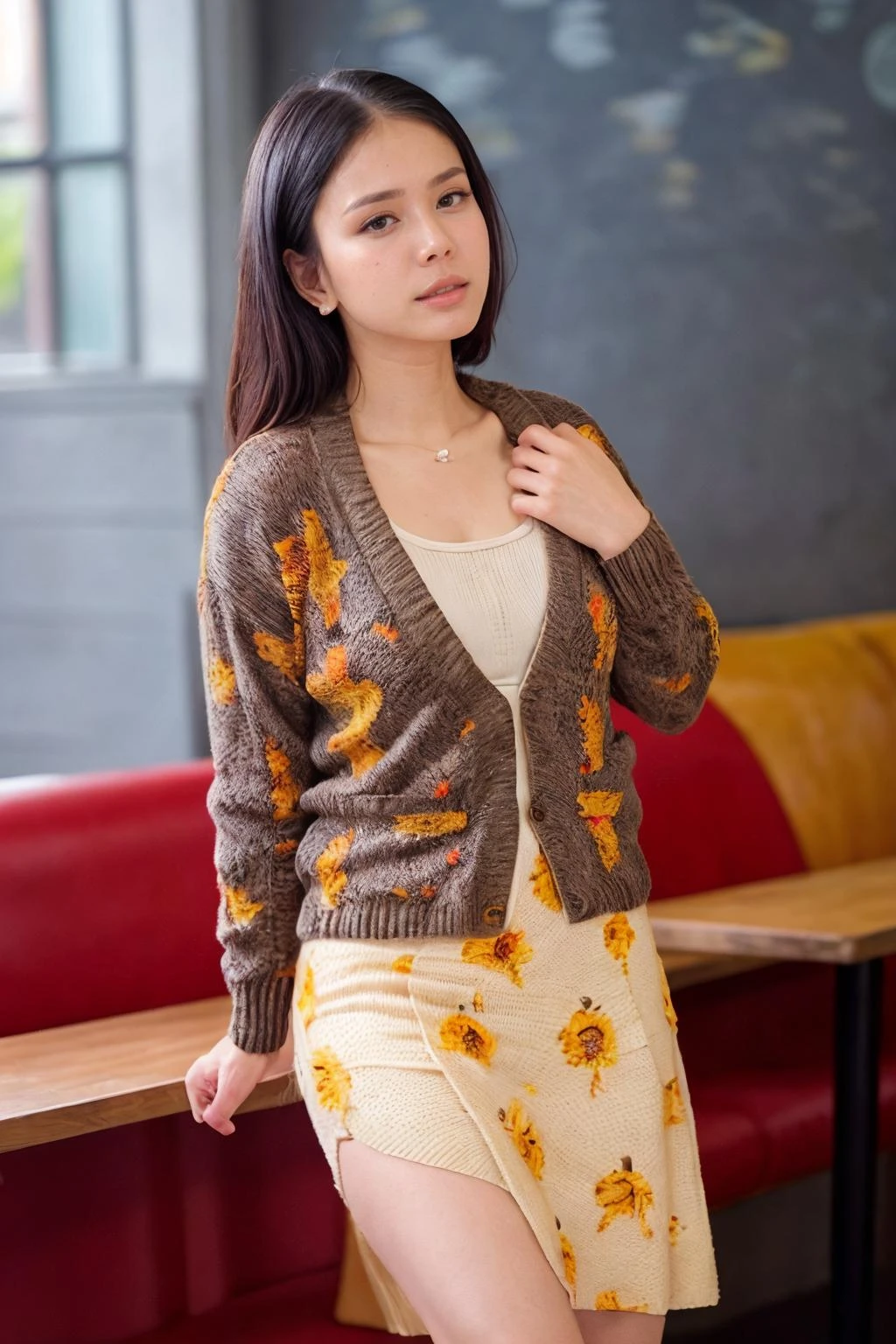 solo, realistic, ((indonesian woman)), wearing (Knit_cardigan:1.4),(Printed_midi_skirt:1.3),(Slip-on_sneakers:1.2),(Cozy_café_background:1.4), ((dynamic pose)), <lora:PAseer-SD15-LCM Quick:1> <lora:real_skin:.2> skin, nitagunawan, <lora:IDC_-_Nita_GunawanV2:.8>