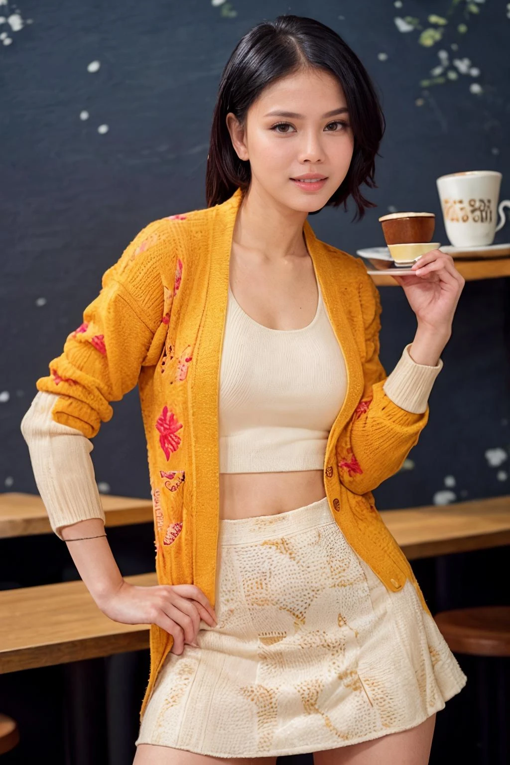 solo, realistic, ((indonesian woman)), wearing (Knit_cardigan:1.4),(Printed_midi_skirt:1.3),(Slip-on_sneakers:1.2),(Cozy_café_background:1.4), ((dynamic pose)), <lora:PAseer-SD15-LCM Quick:1> <lora:real_skin:.2> skin, nitagunawan, <lora:IDC_-_Nita_GunawanV2:.8>
