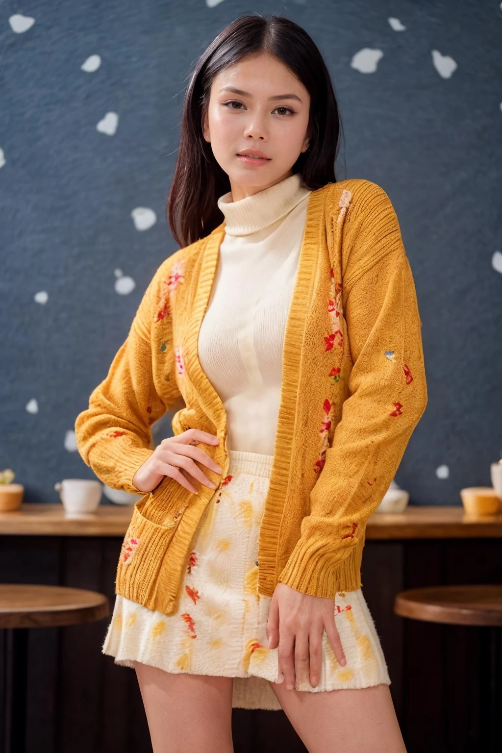 solo, realistic, ((indonesian woman)), wearing (Knit_cardigan:1.4),(Printed_midi_skirt:1.3),(Slip-on_sneakers:1.2),(Cozy_café_background:1.4), ((dynamic pose)), <lora:PAseer-SD15-LCM Quick:1> <lora:real_skin:.2> skin, nitagunawan, <lora:IDC_-_Nita_GunawanV2:.8>