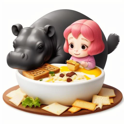 hippopotamus, food, cheek-to-cheek, 1girl, thumbellina, in food <lora:FFMT:0.5:INALL><lora:food_girl_lora_01:1.0:INALL>, ..., white_background, eating bread, cheese fondue, pink hair, cheek-to-cheek