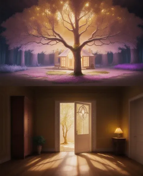 The house tree emits a soft, radiant light, casting a gentle glow that spreads throughout its surroundings. This magical light could be multi-colored, ethereal, or have a shimmering quality. It illuminates both the interior and the immediate area around the tree, creating an enchanting and mystical ambiance.