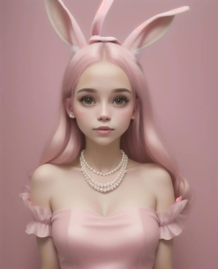 Cute rabbit animal, pink faux pearl necklace,  pastel style style filter.