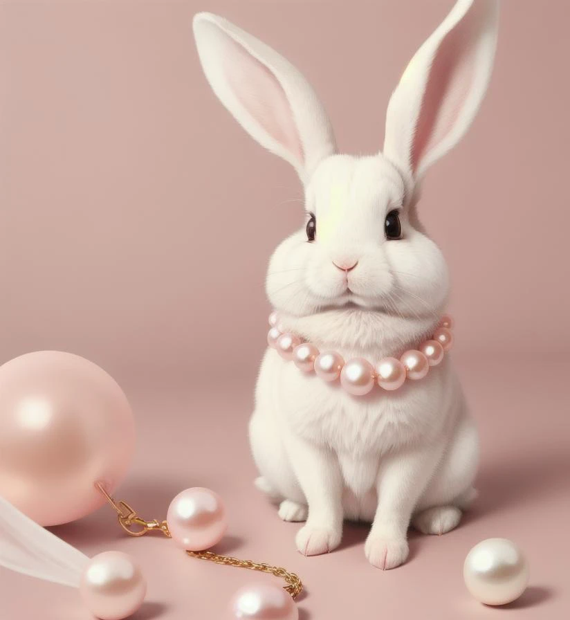 Cute rabbit animal, pink faux pearl necklace, pastel style style filter.