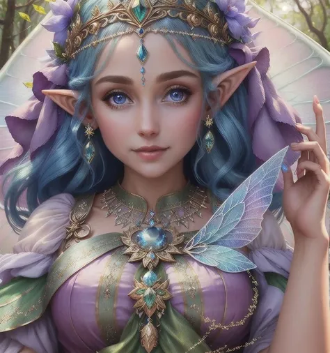 fabulously beautiful fairy elf, luminous wings, cute, 8k, ((masterpiece)), (best quality), (detailed), Beautiful, big, lovely eyes, Beautiful, goddess, nature girl, queen