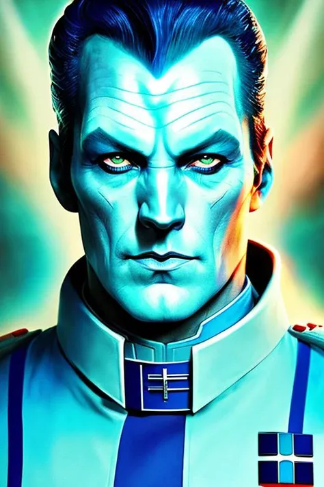 photo of thrawn, an alien, wearing a star wars imperial uniform, (blue skin:1.5), (red eyes:1.3), (colored skin,:1.1), detailed face