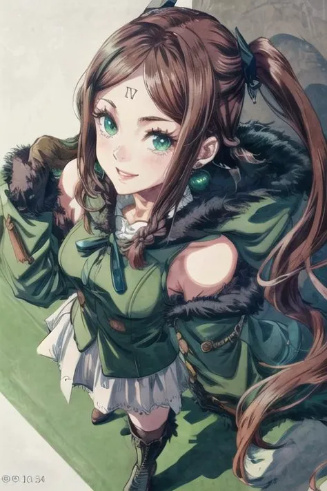 (8k, RAW photo, best quality), ultra-detailed, 1girl, solo, :D, RETRO ANIME STYLE, <lora:FourV3.0:0.75>, black and green,fur coat with fur trim, white,skirt, green,knee socks with black pattern, high boots, hand,right hand,iron glove,  brown hair,two braids,on the back of the head, light green eyes, from above, <lora:add_detail:1.0>