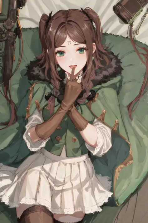 (best quality, masterpiece, RAW photo,ultra-detailed:1.2), 1girls, solo,castle, queen room,pov, :D, <lora:FourV3.0:0.75>, black and green,fur coat with fur trim, white,skirt, green,knee socks with black pattern, high boots, hand,right hand,iron glove, brown hair,two braids,on the back of the head, light green eyes,