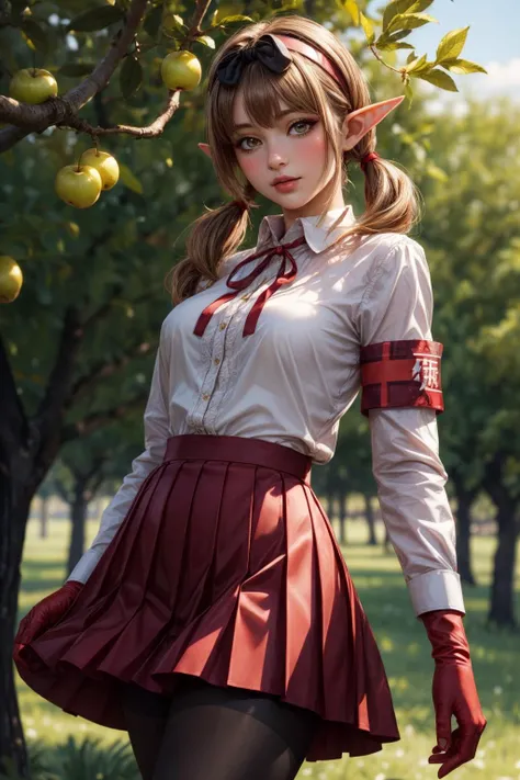 (ultra realistic,32k, masterpiece:1.2),(high detailed skin:1.1),( high quality:1.1),
1girl,<lora:add_detail:0.87>,
(looking at viewer, standing, from below:1.1),
(soft shaded:1.1), orchard, fruit-laden trees, bountiful harvest, rural, blurry background,
BREAK <lora:chinatsu_ba:0.7>chinatsu ba,halo,hairband,low twintails,brown hair,ribbon,blush,small elven ears,(makeup, mascara:0.9), (thick\lips\), (smile:0.6) , BREAK white collared shirt,neck ribbon, red gloves,long sleeves, armband, (huge breast:0.8),BREAK black pleated skirt, red pantyhose,