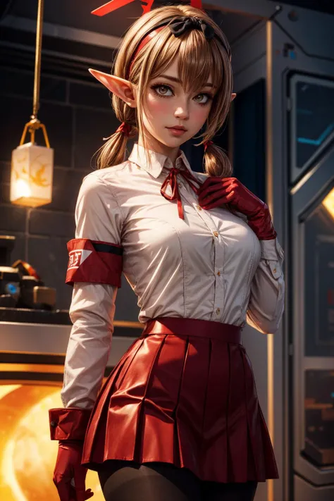(ultra realistic,32k, masterpiece:1.2),(high detailed skin:1.1),( high quality:1.1),
1girl,<lora:add_detail:0.81>,
(looking at viewer, Bend forward:1.1),
(golden hour:1.1), cryogenic sleep facility, suspended animation, long-duration space travel, preservation of life, blurry background,
BREAK <lora:chinatsu_ba:0.7>chinatsu ba,halo,hairband,low twintails,brown hair,ribbon,blush,small elven ears,(makeup, mascara:0.9), (thick\lips\), (smile:0.6) , BREAK white collared shirt,neck ribbon, red gloves,long sleeves, armband, (huge breast:0.8),BREAK black pleated skirt, red pantyhose,