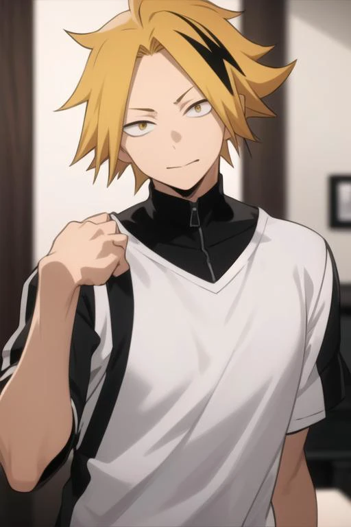masterpiece, best quality, high quality, 1boy, solo, male focus, looking at viewer, upper body, <lora:kaminari_denki:0.70>, kaminari_denki, blonde hair, multicolored_hair,