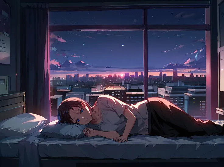 <lora:Aesthetics_Enhancer_pony:0.8>,score_9, score_8_up, score_7_up,BREAK 
EnhanceImage,low light, window, lying, scenery, indoors, 1girl, solo, building, sky, pillow, bed, city, on side, cityscape, night, on bed