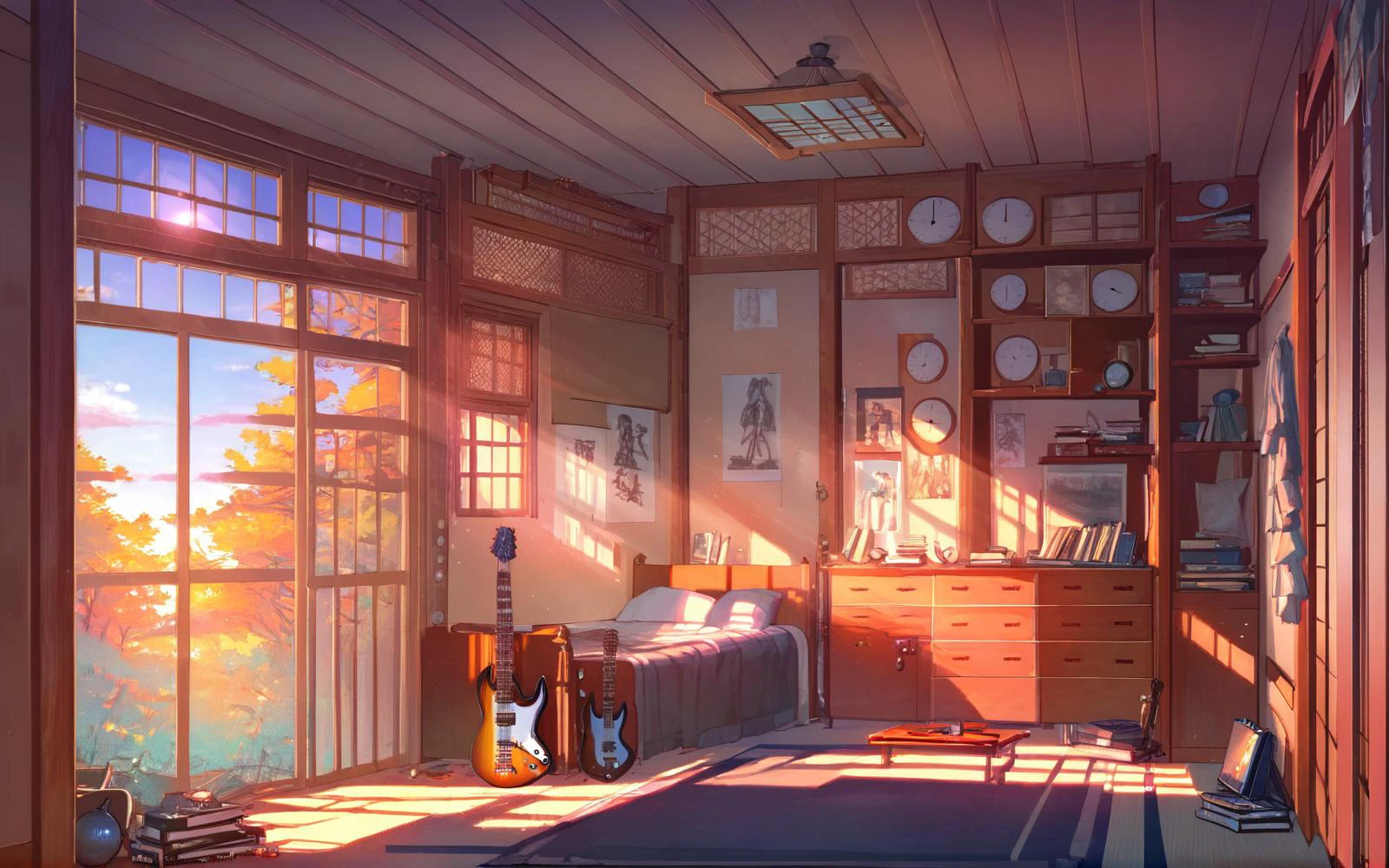<lora:Aesthetics_Enhancer_pony:0.8>,score_9, score_8_up, score_7_up,BREAK
EnhanceImage,natural light, no humans, scenery, guitar, instrument, indoors, table, sunlight, window, book, clock, chair, sunset, lamp, shelf, pillow, door, poster (object), desk, tree, sliding doors, bed,evening,